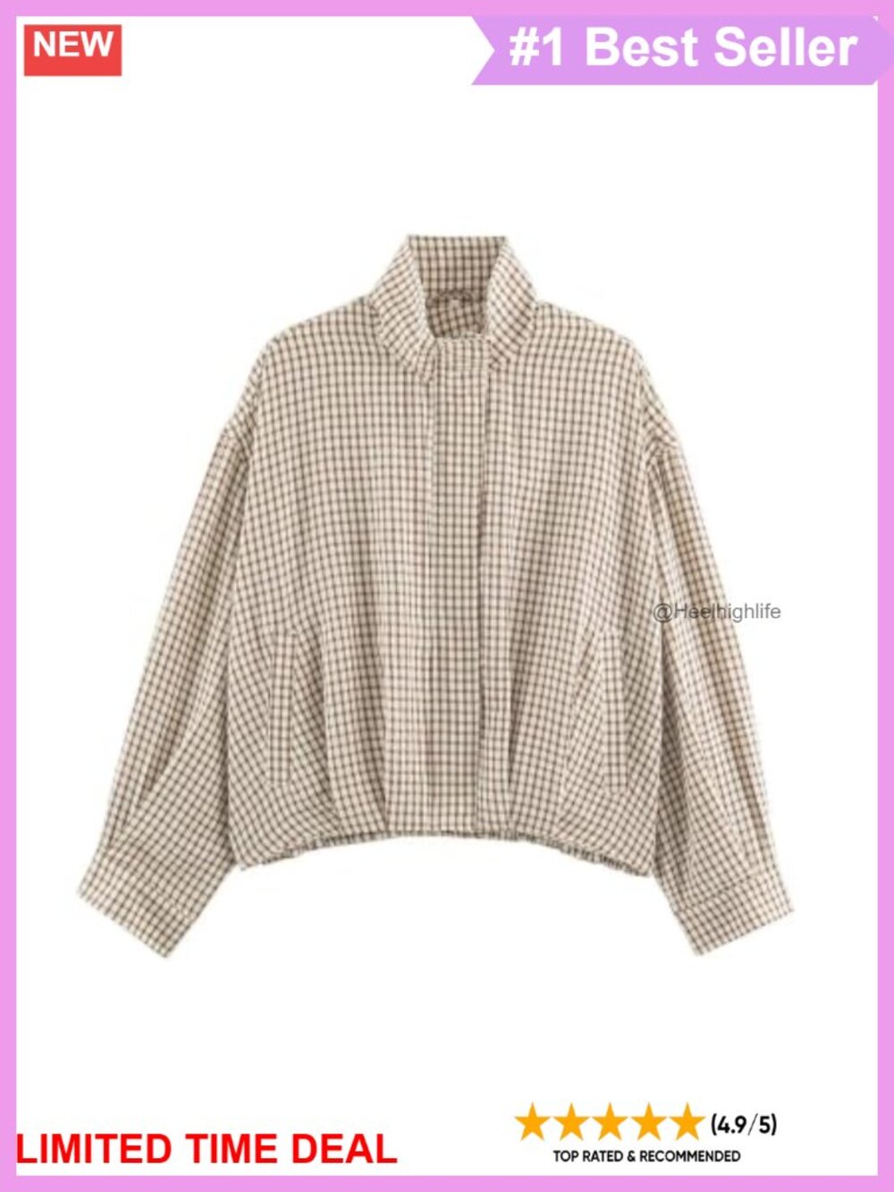 Gingham Bomber Jacket Funnel Neck Zip Up Fall Coat